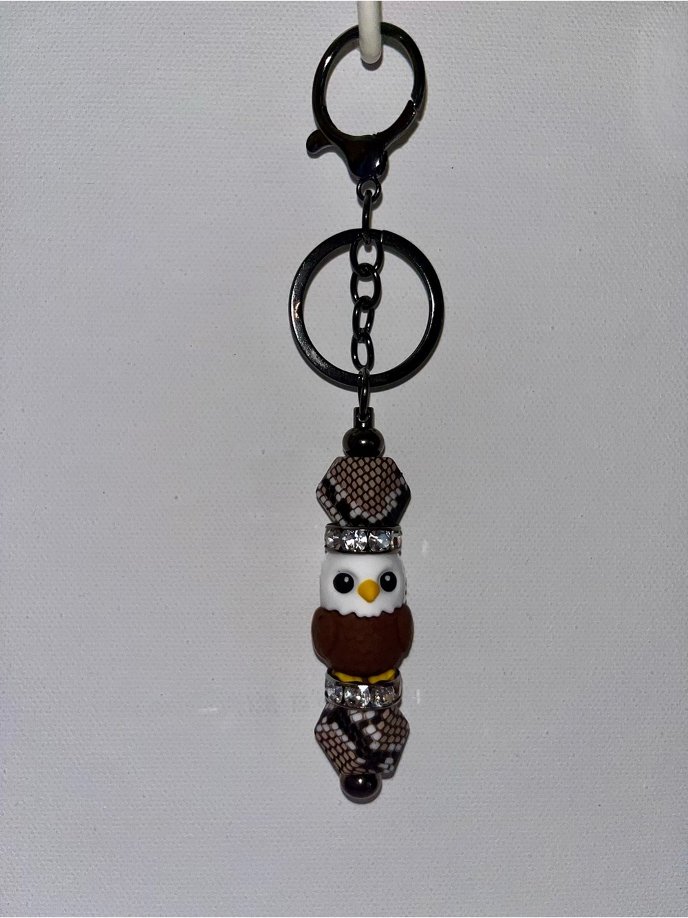 Cute American Eagle Keychain w/Brown/White/Black Camouflage & Rhinestone-Accents